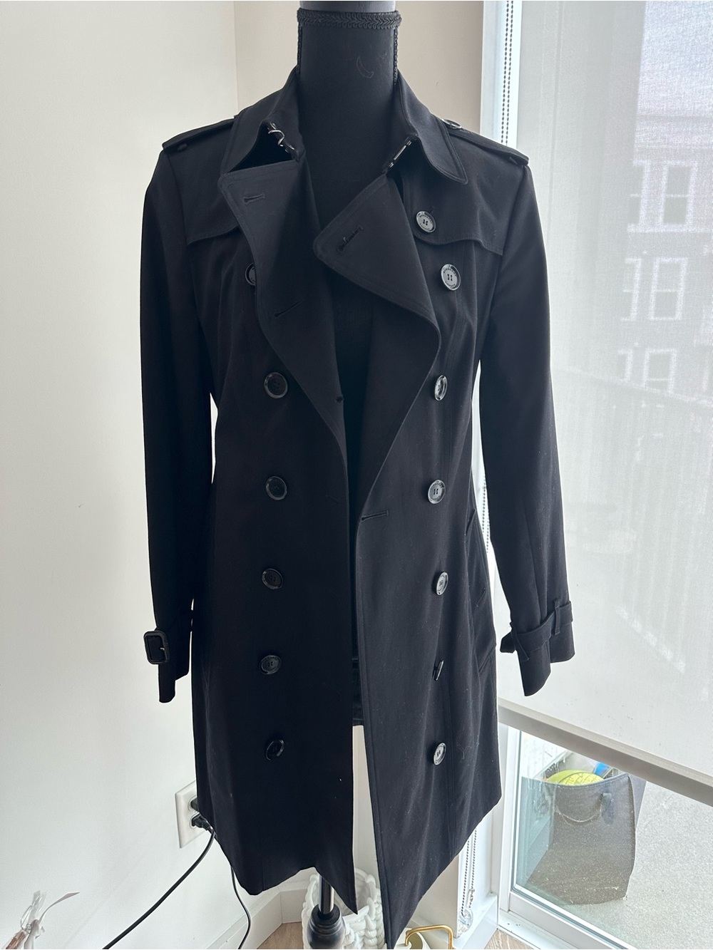 Burberry London Black Double-Breasted Trench Coat size 8